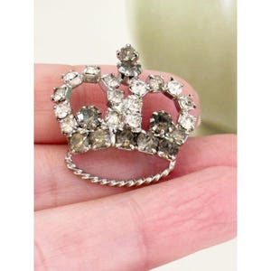 Vintage Rhinestone Crown Pin Smoky Grey and Clear