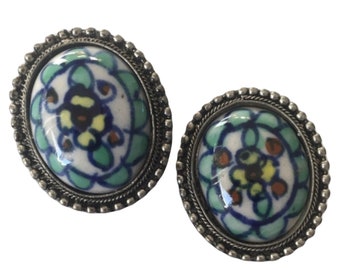 Southwestern Jewelry - Vintage Faux Mosaic Earrings - Oval Clip On Earrings