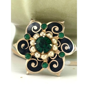 Vintage Gold Tone Flower Brooch Green Rhinestones, Faux Pearls & Black Enamel