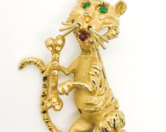 Pave Tiger Brooch - Signed Hobco House of Borvani brooch pin - Tiger cat with bone rhinestone eyes