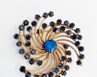 Art Deco Reis Co Blue Rhinestone Swirl Brooch 1/20 12KT