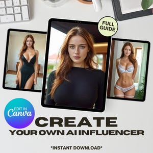 Op de afbeelding: Drie digitale afbeeldingen op een computerscherm die verschillende poses van een vrouw met lang bruin haar laten zien. De tekst "FULL GUIDE" staat in een gele cirkel rechtsboven op het scherm. De tekst "EDIT IN Canva" staat in een blauwe cirkel linksonder op het scherm. De tekst "CREATE YOUR OWN AI INFLUENCER *INSTANT DOWNLOAD*" staat in zwarte tekst op een witte achtergrond onderaan het scherm.