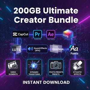 Può includere: Grafica digitale che promuove un pacchetto Creator Ultimate da 200 GB. L'immagine presenta i loghi di CapCut, Premiere Pro, After Effects, LUTS, Sound Effects, Overlays, Fonts, Video Elements, Dynamic Transitions, Photo Presets e Stylistic Effects. È incluso anche il testo "INSTANT DOWNLOAD".