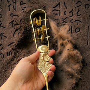 May include: A gold-coloured sistrum, an ancient Egyptian percussion instrument, held against a backdrop of sand with hieroglyphs. The sistrum features a handle with a detailed lion-like head and small, circular jingles.