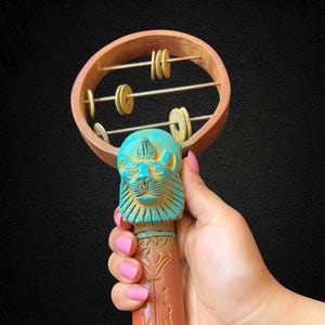 Handcrafted Turquoise and Brown Sekhmet Sistrum – Ancient Egyptian Lioness Goddess Musical Instrument Replica Made In Egypt