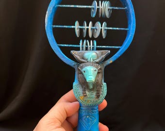 Handcrafted Hathor Sistrum: Egyptian Ritual Instrument, Sacred Cow Goddess