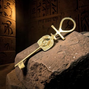 May include: A gold-colored key with an Egyptian ankh symbol and a pharaoh's head design. The key is resting on a brown stone, with an ancient Egyptian background.