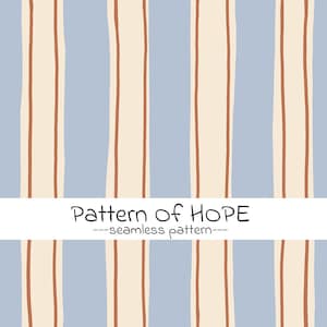 Könnte beinhalten: Ein nahtloses Muster mit vertikalen Streifen. Abwechselnd hellblaue, beige und braune Streifen bilden ein schlichtes, aber elegantes Design. Der Text "Pattern of HOPE" wird auf einem weißen Banner angezeigt.
