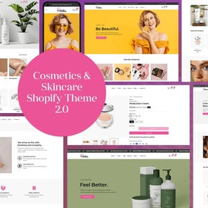 Op de afbeelding: Website-ontwerp met een Shopify-thema voor cosmetica en huidverzorging. Het ontwerp toont productpresentaties, modelfoto's en de tekst "Cosmetics & Skincare Shopify Theme 2.0". Het kleurenpalet omvat wit, roze en groen.
