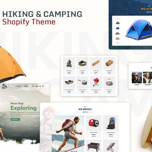 Può includere: Immagine promozionale per un tema Shopify di escursionismo e campeggio. L'immagine presenta una tenda gialla, espositori di prodotti e una bussola. Il testo include "HIKING & CAMPING Shopify Theme", "Never Stop Exploring" e "NEW ARRIVALS".