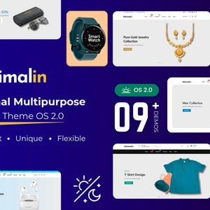 Könnte beinhalten: Eine Collage von Bildern, die ein Shopify-Theme namens "Minimalin" präsentieren. Das Theme wird als "Minimal Multipurpose Shopify Theme OS 2.0" beschrieben. Die Bilder zeigen verschiedene Produktkategorien, darunter Schmuck, Uhren, Kleidung und Kopfhörer. Das Theme wird mit 9 Demos beworben und als schnell, einzigartig und flexibel beschrieben.