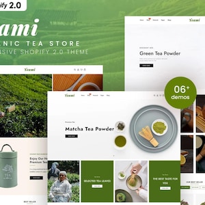 Peut inclure: Une image promotionnelle pour une boutique de thé bio, présentant des maquettes de sites web, des feuilles de thé, de la poudre de matcha et des outils de préparation du thé. La boutique s'appelle "Teami" et le thème est un thème Shopify 2.0 réactif.