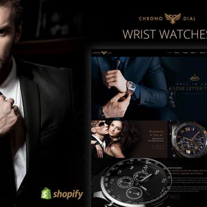 Op de afbeelding: Een website voor Chrono Dial polshorloges. De website heeft een zwart en gouden kleurenschema met afbeeldingen van horloges en een slogan die luidt: "Een liefdesbrief voor jou".