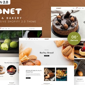 Könnte beinhalten: Website-Mockup für eine Bäckerei namens Donet. Die Website zeigt Bilder von Kuchen, Brot und anderen Backwaren. Die Website enthält auch einen Call-to-Action, um mehr über die Bäckerei zu erfahren.