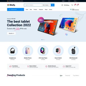 May include: A website homepage featuring tablets, headphones, mobile phones, smartwatches, and other electronics. The text reads "The best tablet Collection 2022" with a 35% off promotion. Additional categories include CPU heat pipes and Bluetooth devices.