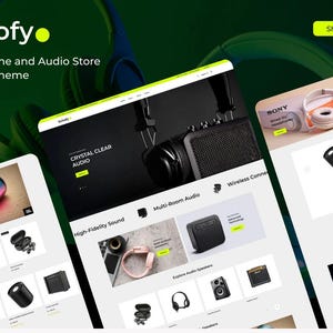 Puede incluir: Página de inicio del sitio web para una tienda en línea que vende auriculares y equipos de audio. El sitio web presenta un esquema de color blanco y negro con un fondo verde. El sitio web presenta imágenes de auriculares, altavoces y otros equipos de audio. El sitio web también presenta texto que dice "Audio cristalino", "Sonido de alta fidelidad", "Audio multisala" y "Conexión inalámbrica".