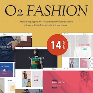 May include: A website screenshot showcasing the O2 Fashion theme for online stores. The website features a variety of clothing items, including a blue denim jacket, a white shirt, and a red and white striped shirt. The website also features a variety of text, including "Lookbook 2016", "New Arrivals", "70%", "The Noe Trench/17", "14+ Demos", "30% Off", "All Sho", "23%", "Lookbook 2017", and "Date 07743".
