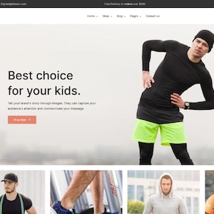 Könnte beinhalten: Eine Website-Startseite für ein Bekleidungsgeschäft mit dem Text "Best choice for your kids." und einem Foto eines Mannes, der schwarze Sportkleidung und grüne Shorts trägt.