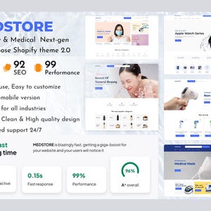 May include: A screenshot of a website for a Shopify theme called MEDSTORE. The website is designed for pharmacy and medical businesses. The theme is described as next-gen and multipurpose. The website has a rating of 99% for performance. The website is also described as being hyperfast with a loading time of 0.6 seconds.