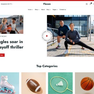 Op de afbeelding: Website homepage met het Flexon logo en navigatiemenu. De pagina bevat afbeeldingen van mensen die sporten, een basketbalwedstrijd en sportuitrusting. Tekst bevat "Eagles soar in Playoff thriller" en "Top Categories".
