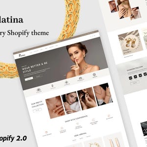 Op de afbeelding: Een website-ontwerp voor een Shopify-thema voor sieraden, met een gouden armband en afbeeldingen van sieraden. De website toont een vrouw die sieraden draagt en bevat de tekst "WEAR BETTER & BE STYLE". Het Shopify 2.0-logo is zichtbaar.