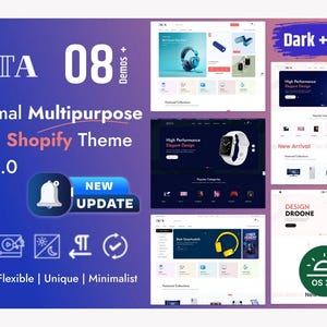 Può includere: Uno screenshot di un sito web per un tema Shopify chiamato "IISTA". Il tema è descritto come "Tema Shopify per negozio minimalista multi-scopo OS 2.0". Il sito web presenta una varietà di categorie di prodotti, tra cui "Nuovi arrivi", "Design Droone" e "Miglior smartwatch". Il tema include anche una modalità oscura e il supporto per le lingue da destra a sinistra.