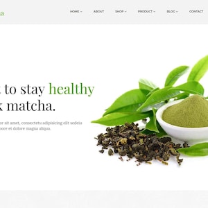 May include: A website banner featuring matcha tea. A white bowl filled with green matcha powder sits next to fresh green tea leaves and dried tea leaves. The text "Want to stay healthy drink matcha" is displayed.