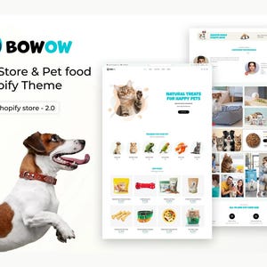 Może przedstawiać: Strona główna witryny internetowej sklepu zoologicznego o nazwie "BOWOW" z sklepem Shopify. Witryna oferuje różnorodne produkty dla zwierząt, w tym naturalne smakołyki, zabawki i akcesoria. Witryna zawiera również sekcję bloga z artykułami na temat opieki nad zwierzętami.
