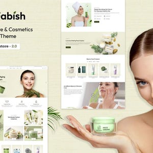 May include: A website homepage for a skin care and cosmetics company called Fabish. The website features a variety of products, including face cream, serum, and other beauty care products. The website also features a blog post about organic anti-aging cosmetic cream.