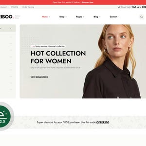 Puede incluir: Página de inicio de un sitio web de moda con una mujer con una camisa negra. El texto principal dice "HOT COLLECTION FOR WOMEN" e invita a "VIEW COLLECTIONS". Categorías: vestidos, monos y zapatillas.