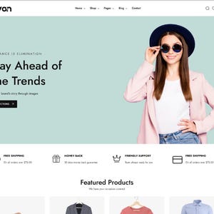 May include: Website homepage showing a woman in a pink blazer, sunglasses, and a dark blue hat. The text "Stay Ahead of The Trends" is displayed on a light green background. The website logo is "Rivon".