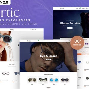 May include: A website design for Pertic, a modern eyeglasses brand, showcasing various eyewear styles. The design features multiple website mockups with images of people wearing glasses, and the text "MODERN EYEGLASSES" and "RESPONSIVE SHOPIFY 2.0 THEME".