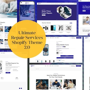 Può includere: Design del sito web per un tema Shopify per servizi di riparazione. Il tema presenta sezioni per la riparazione di dispositivi, tecnici esperti ed elenchi di prodotti. Il design utilizza uno schema di colori blu e bianco con il testo "Ultimate Repair Services Shopify Theme 2.0".