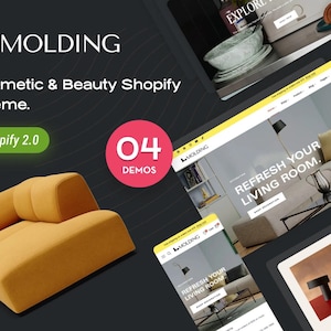 Op de afbeelding: Een website-mockup voor een Shopify-winkel die woonaccessoires verkoopt. De website toont een gele bank, een lamp en de tekst "Verfris uw woonkamer."