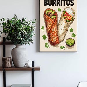 Retro Burritos Food Print Vintage Mexican Poster Colorful Kitchen Wall Art Diner Decor