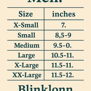 May include: A chart showing men's clothing sizes in inches. The sizes listed are X-Small, Small, Medium, Large, X-Large, and XX-Large. The corresponding inch measurements are 7, 8.5-9, 9.5-10, 10.5-11, 11.5-11, and 11.5-12.