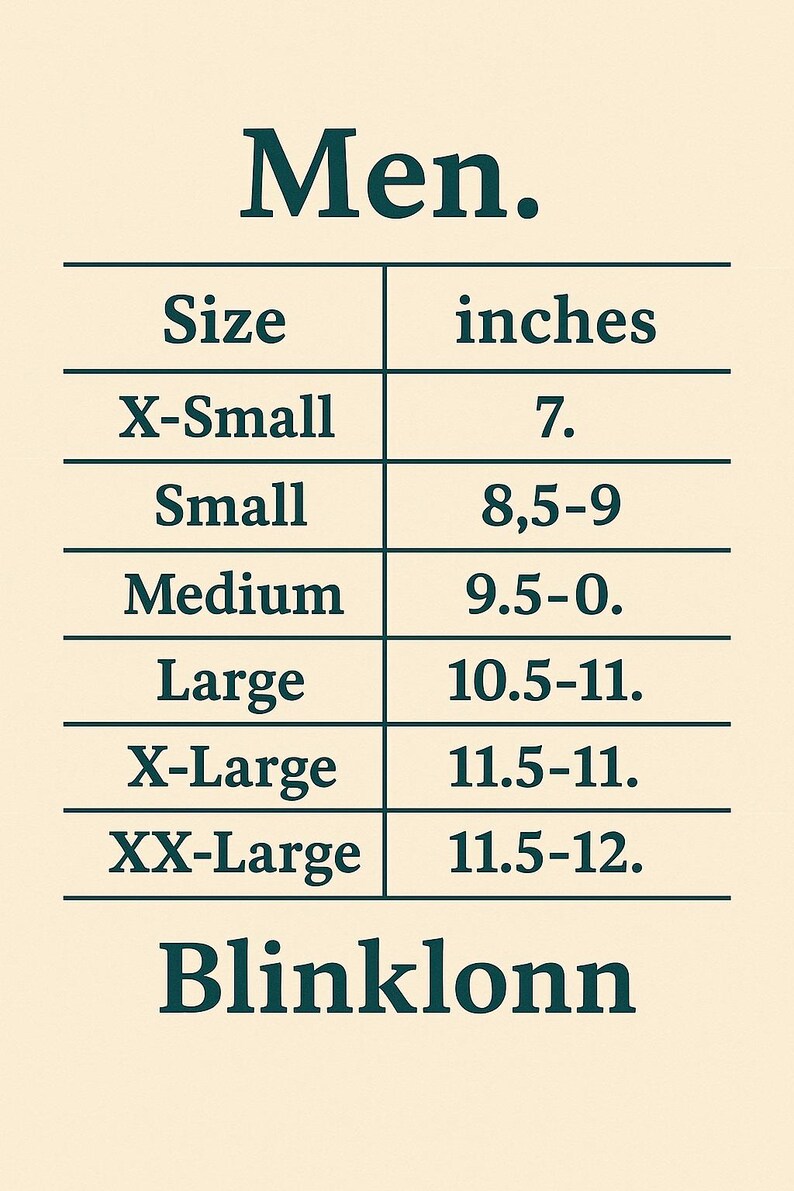 May include: A chart showing men's clothing sizes in inches. The sizes listed are X-Small, Small, Medium, Large, X-Large, and XX-Large. The corresponding inch measurements are 7, 8.5-9, 9.5-10, 10.5-11, 11.5-11, and 11.5-12.