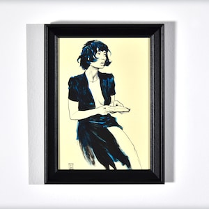 Painting woman acrylic black&white reading book contemporary