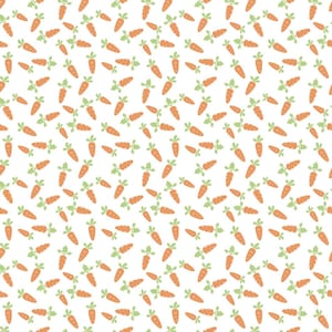 May include: A seamless pattern of orange carrots with green leafy tops on a white background.