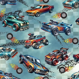 Könnte beinhalten: Ein blau-weiß karierter Hintergrund mit bunten Cartoon-Rennwagen. Die Autos sind alle in verschiedenen Stilen gehalten und haben Flammen, die aus ihren Auspuffrohren kommen.