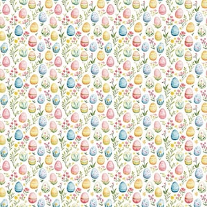 Peut inclure: Un motif sans couture représentant des œufs de Pâques de couleur pastel avec des accents floraux sur un fond blanc.