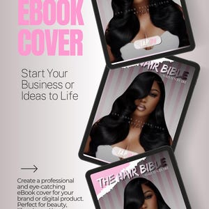 May include: Three digital tablets displaying an ebook cover design. The top tablet shows a woman with long black hair. The text "EBOOK COVER" is in pink. The text "Start Your Business or Ideas to Life" is also visible.