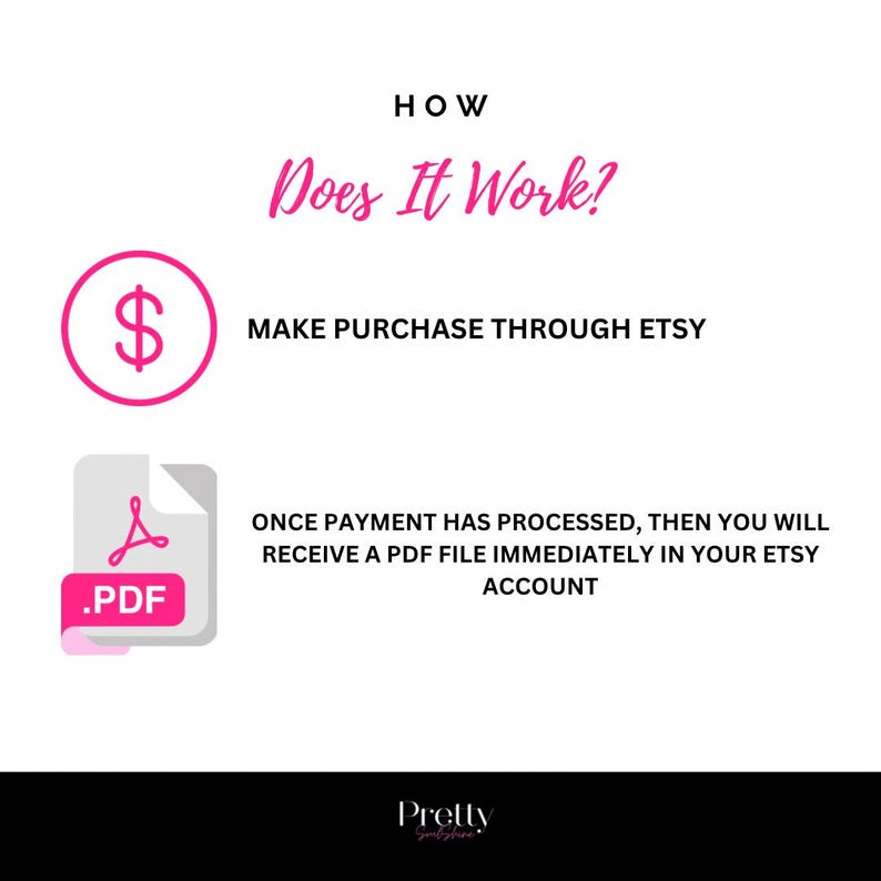 May include: White graphic with pink text and icons explaining the purchase process. The text reads "How Does It Work?" with steps: "Make Purchase Through Etsy" and "Receive a PDF file immediately in your Etsy account."