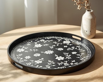 Bandeja redonda negra con diseño floral, elegante decoración para el hogar con incrustaciones de hueso.