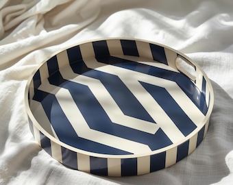 Bandeja redonda para servir con diseño de chevron azul marino, decoración para mesa de centro con rayas geométricas
