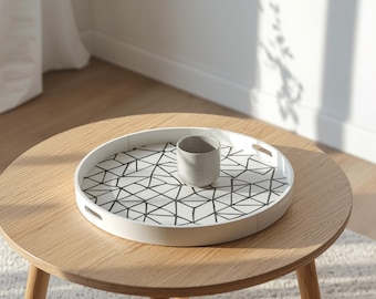 Bandeja redonda geométrica con incrustaciones de hueso, bandeja de servir en blanco y negro, decoración moderna minimalista para el hogar.