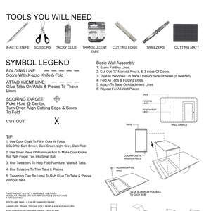 K&ouml;nnte beinhalten: Ein Diagramm, das die Werkzeuge und Schritte zeigt, die zum Zusammenbauen eines Papiermodellbausatzes erforderlich sind. Zu den Werkzeugen geh&ouml;ren ein X-Acto-Messer, eine Schere, Klebstoff, transparentes Klebeband, eine Schneidekante, eine Pinzette und eine Schneidematte. Die Schritte umfassen das Ritzen, Falten und Anbringen von Laschen. Das Diagramm enth&auml;lt auch einen Tipp zur Verwendung von Farbkreide zum Ausf&uuml;llen der Falten.