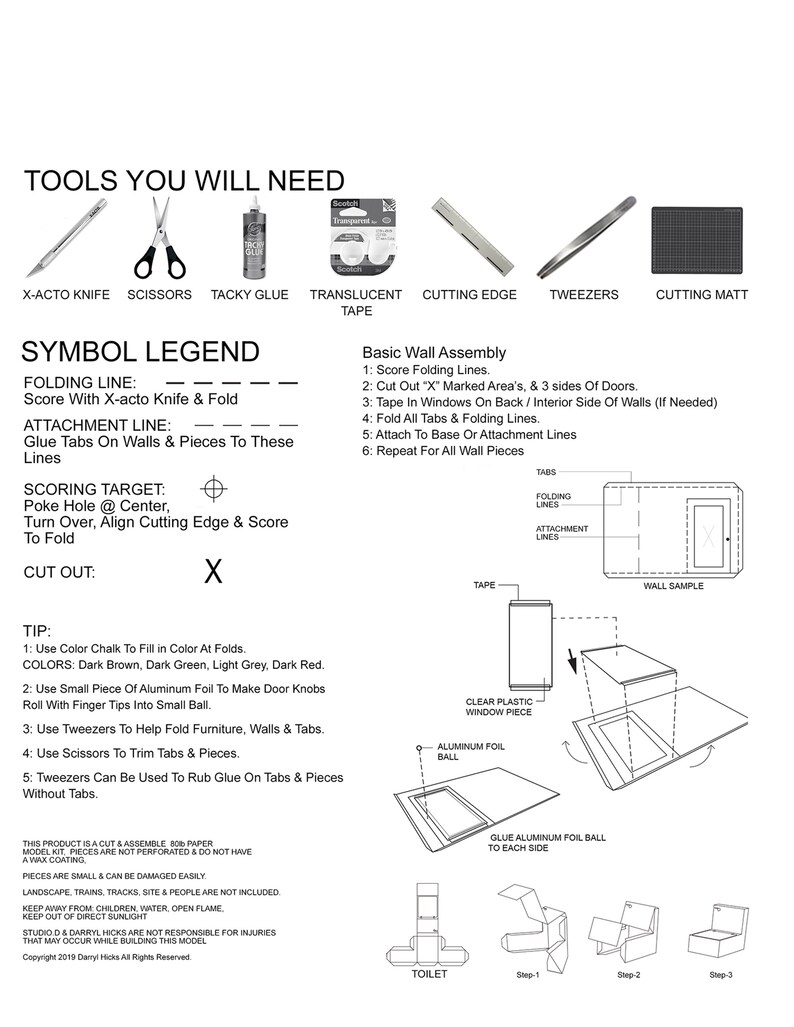 K&ouml;nnte beinhalten: Ein Diagramm, das die Werkzeuge und Schritte zeigt, die zum Zusammenbauen eines Papiermodellbausatzes erforderlich sind. Zu den Werkzeugen geh&ouml;ren ein X-Acto-Messer, eine Schere, Klebstoff, transparentes Klebeband, eine Schneidekante, eine Pinzette und eine Schneidematte. Die Schritte umfassen das Ritzen, Falten und Anbringen von Laschen. Das Diagramm enth&auml;lt auch einen Tipp zur Verwendung von Farbkreide zum Ausf&uuml;llen der Falten.