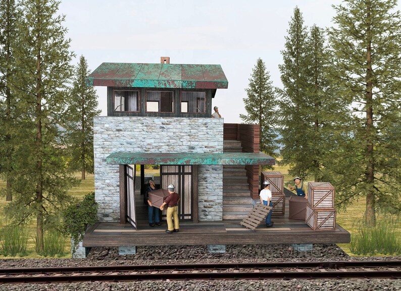K&ouml;nnte beinhalten: Ein kleines, zweist&ouml;ckiges Steinhaus mit einem gr&uuml;nen Metalldach. Das Geb&auml;ude hat eine Holzveranda mit einem Holzgel&auml;nder. Vier Figuren stehen auf der Veranda, zwei von ihnen tragen Holzkisten. Das Geb&auml;ude ist von B&auml;umen umgeben.