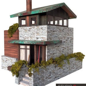K&ouml;nnte beinhalten: Ein Modell eines kleinen, modernen Hauses mit einer Steinfassade, einem gr&uuml;nen Dach und einer Holzt&uuml;r. Das Haus hat eine kleine Veranda mit einer Treppe, die zur T&uuml;r f&uuml;hrt. Das Haus ist von einer Steinmauer umgeben, auf der gr&uuml;nes Moos w&auml;chst. Der Text "STUDIO-D ARCHITECTURE" ist unten im Bild gedruckt.
